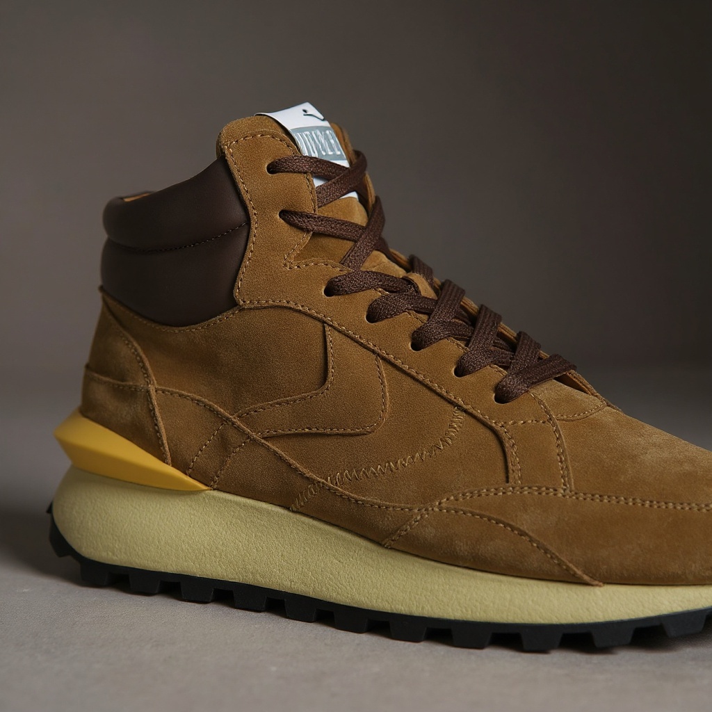 Detalle de los materiales de la bota deportiva VOILE BLANCHE marrón: piel, ante y tejido BLOK.