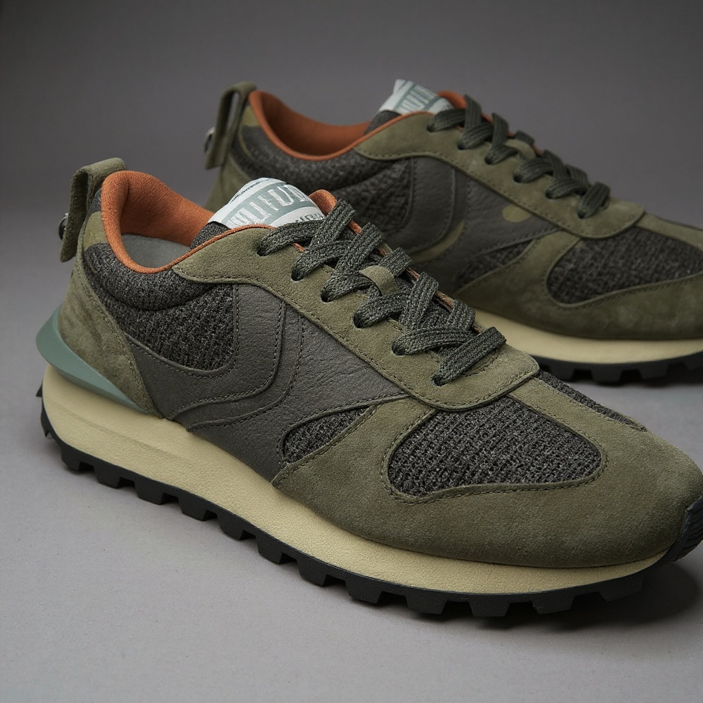 Primer plano de las deportivas VOILE BLANCHE de camuflaje, mostrando la textura de los materiales técnico, deportivo y NBK, con detalles de costuras y suela.