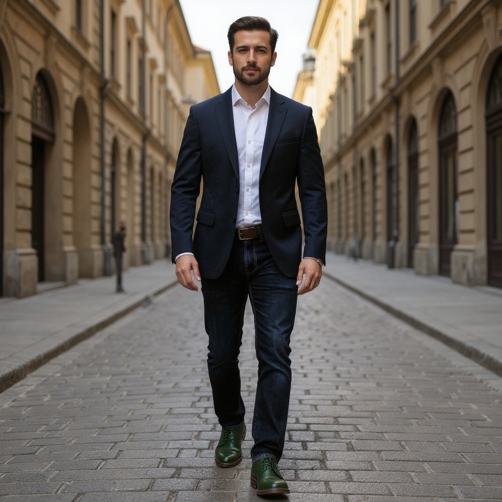 Hombre elegante con botines CALCE verdes combinados con vaqueros y blazer en un entorno urbano.