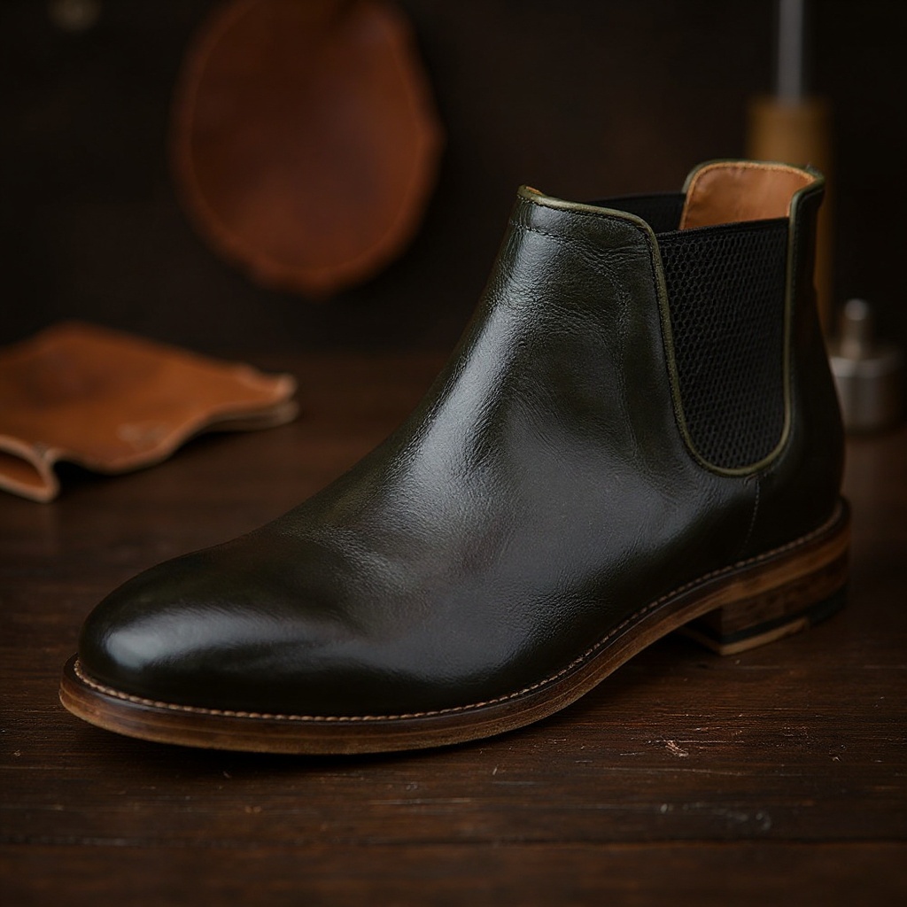 Primer plano del botín CALCE verde, mostrando la piel napa, las costuras artesanales y la suela de cuero.