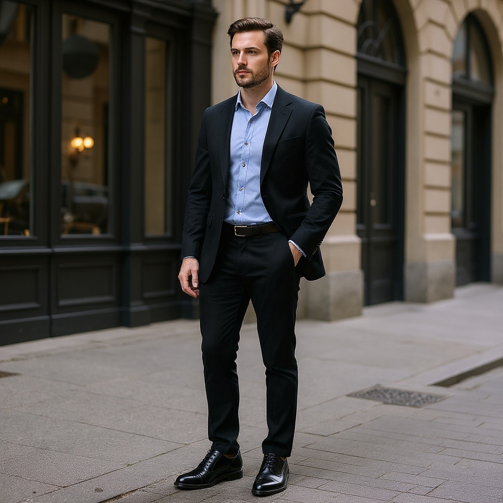 Hombre con zapatos blucher negros CALCE en un entorno urbano elegante, mostrando versatilidad y estilo.