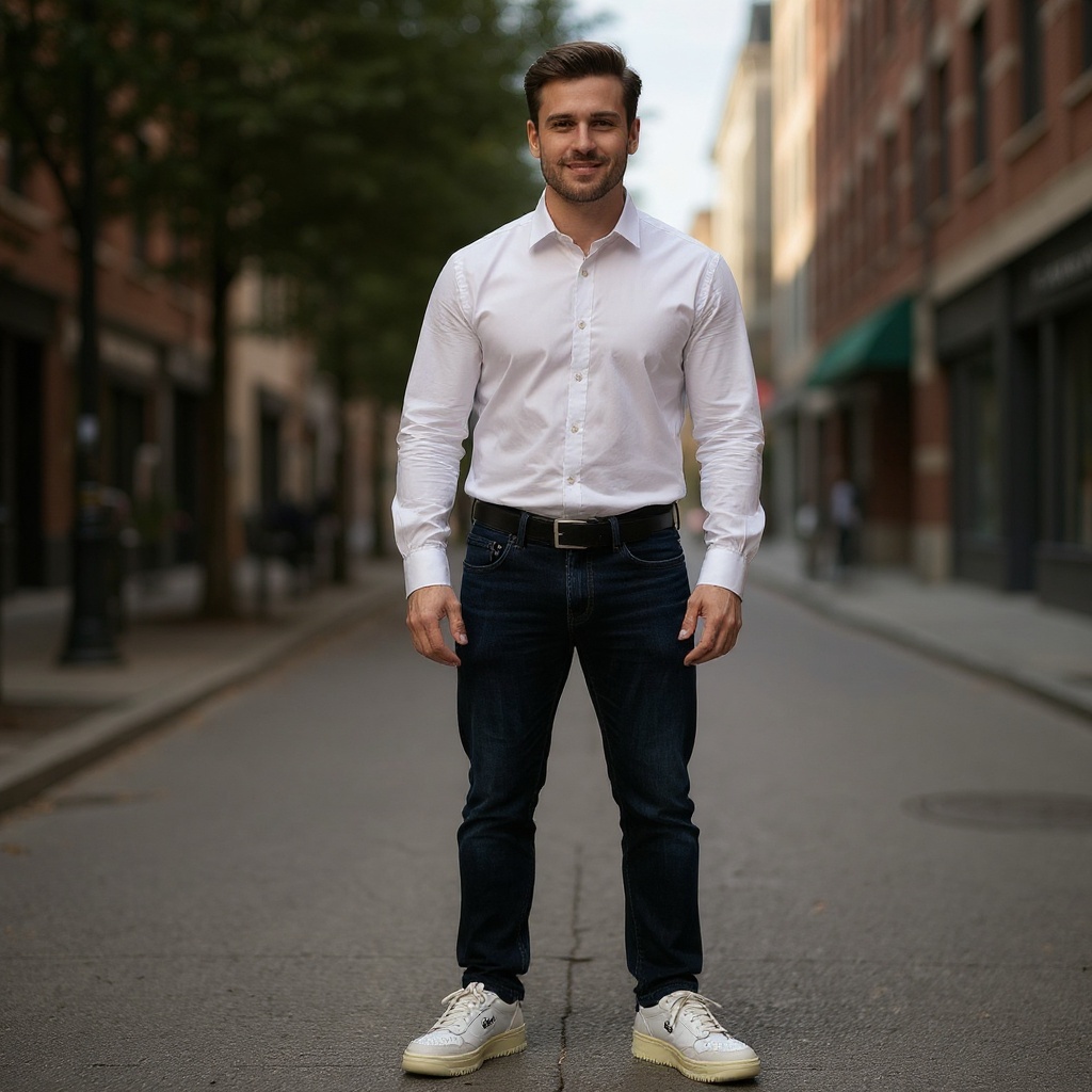 Hombre con deportivas blancas KARL LAGERFELD caminando por la ciudad, representando un estilo de vida sofisticado y moderno.