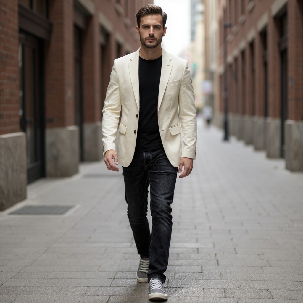 Hombre elegante caminando por la ciudad con zapatillas KARL LAGERFELD canvas grises, combinadas con jeans y blazer.