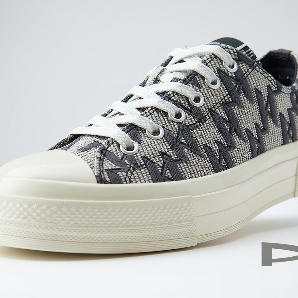 Detalle de los materiales y la confección de las zapatillas KARL LAGERFELD canvas grises, mostrando la textura del tejido BLOK y la suela.