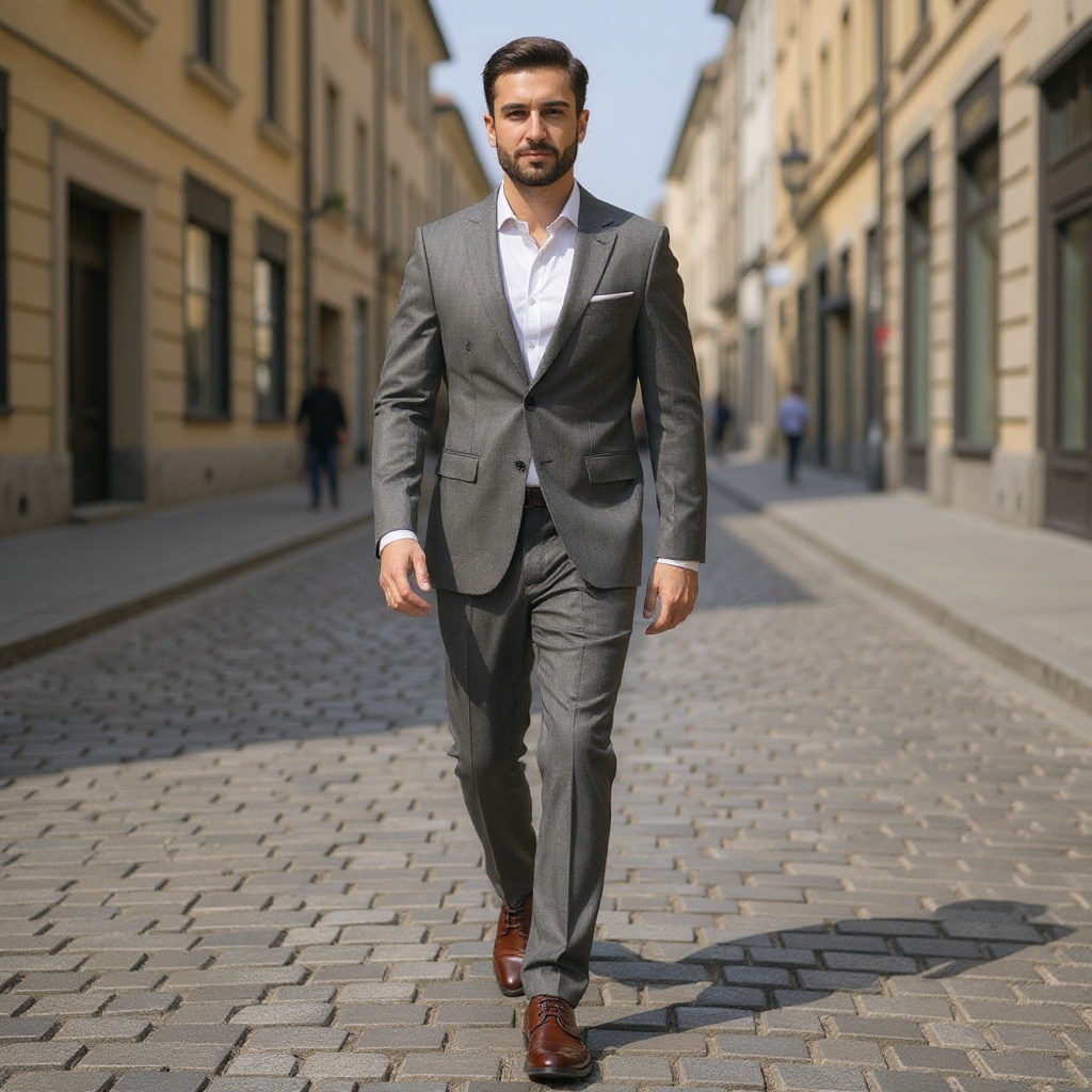 Hombre con traje gris y zapatos blucher CALCE de cuero color coñac caminando por la ciudad, reflejando un estilo elegante y profesional.