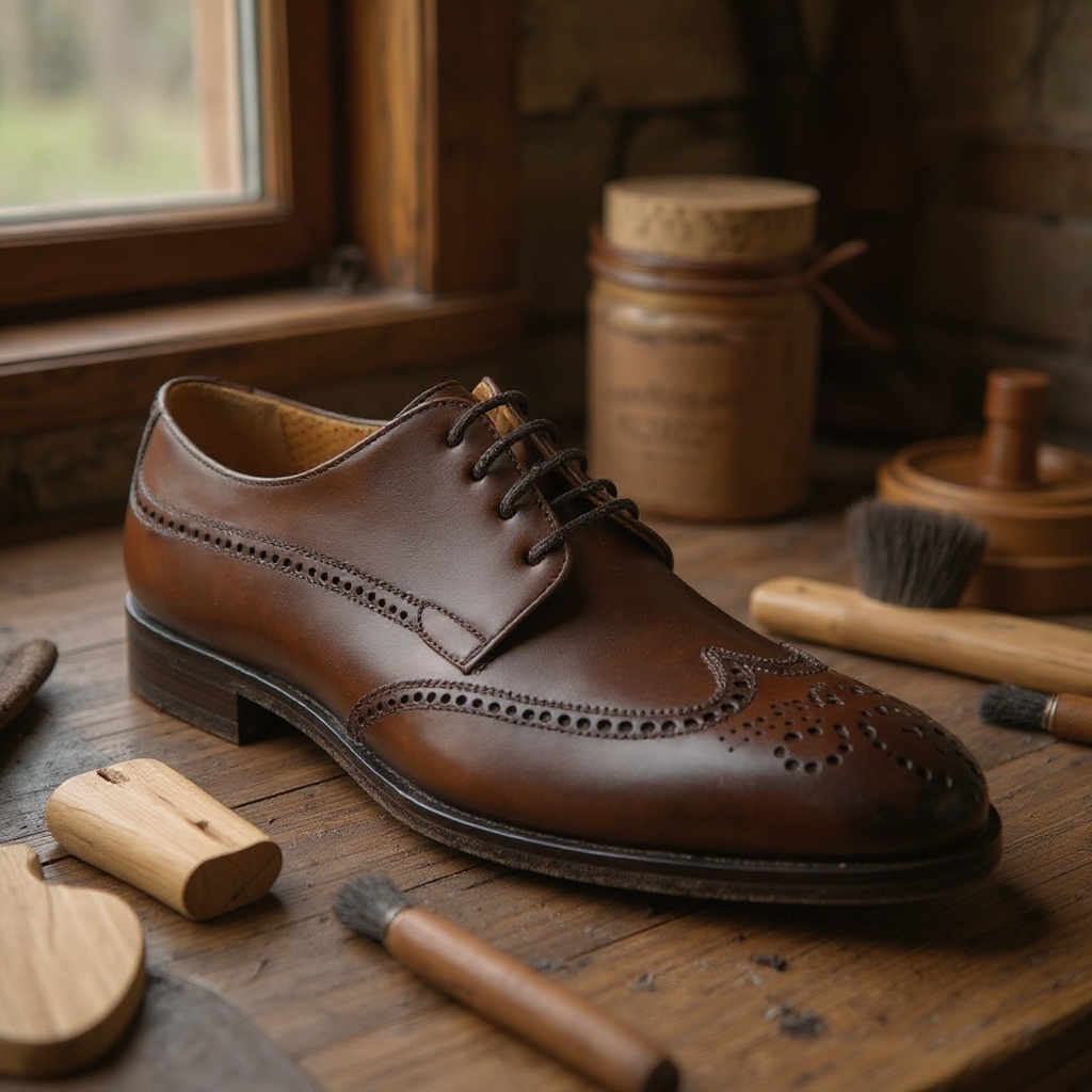 Detalle de zapatos blucher CALCE de cuero, mostrando la calidad de la piel y la suela, junto a herramientas de cuidado del calzado.
