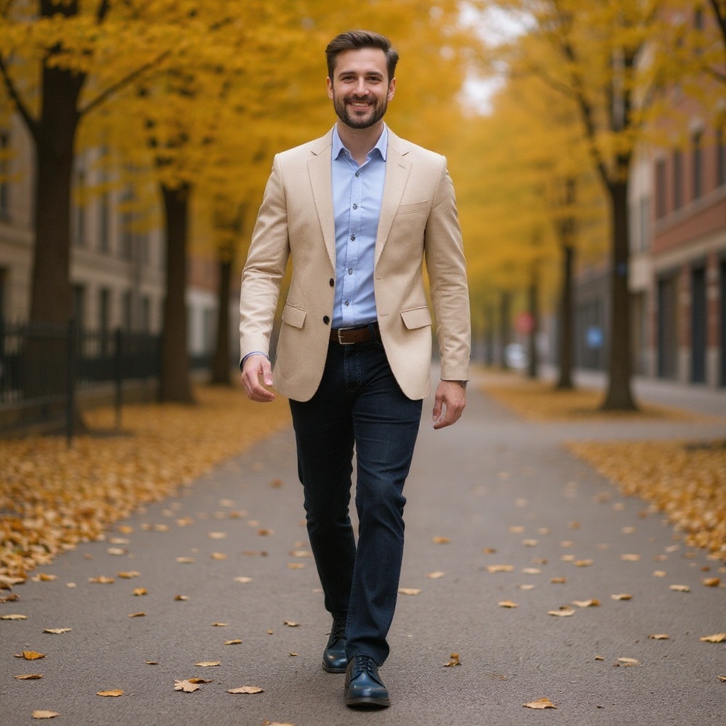 Hombre con zapatos blucher azules CALCE, combinados con pantalones chinos y blazer, paseando por un parque urbano.