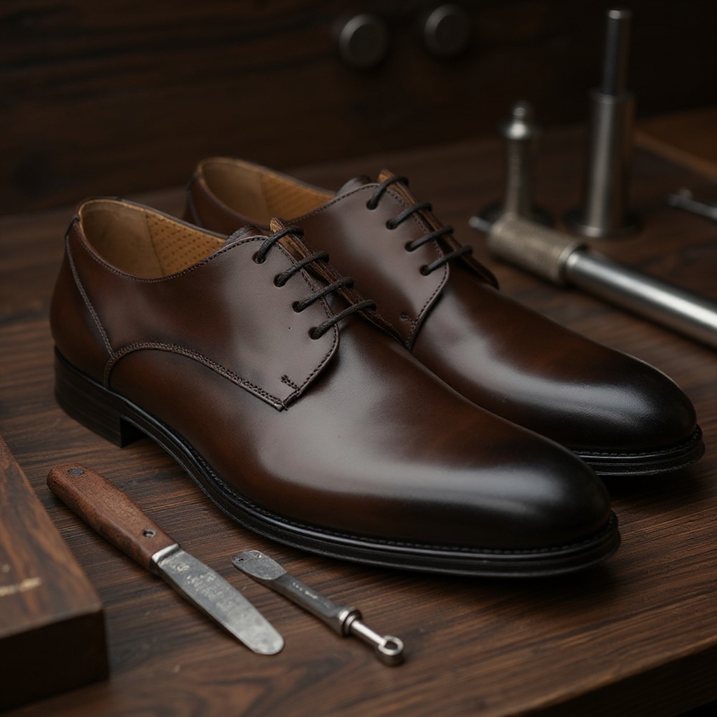 Detalle de los zapatos CALCE Blucher Cuero sobre un banco de trabajo, mostrando la calidad de la piel y la construcción artesanal.