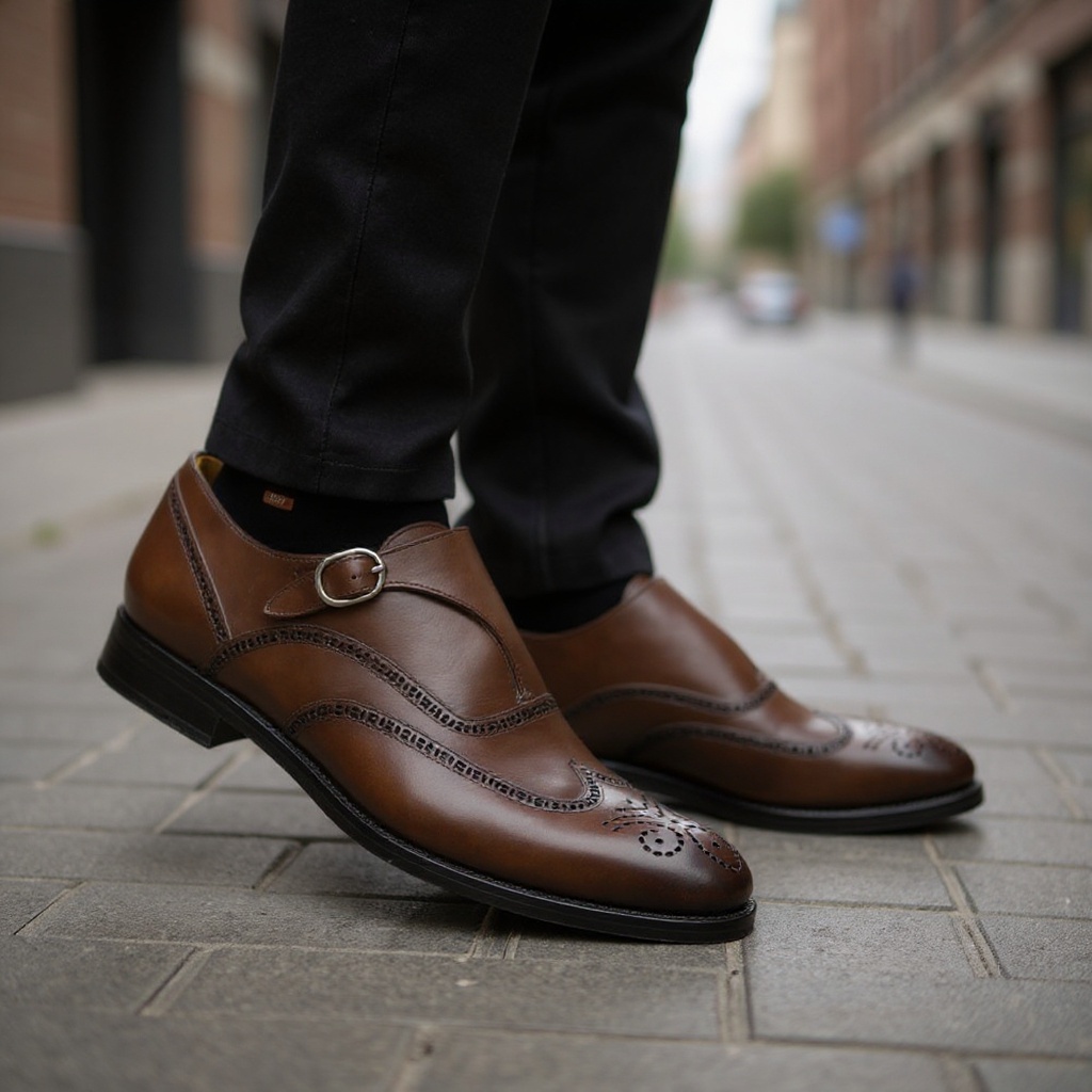 Un hombre elegante caminando por la ciudad con zapatos CALCE de hebilla de cuero marrón, mostrando un estilo sofisticado.