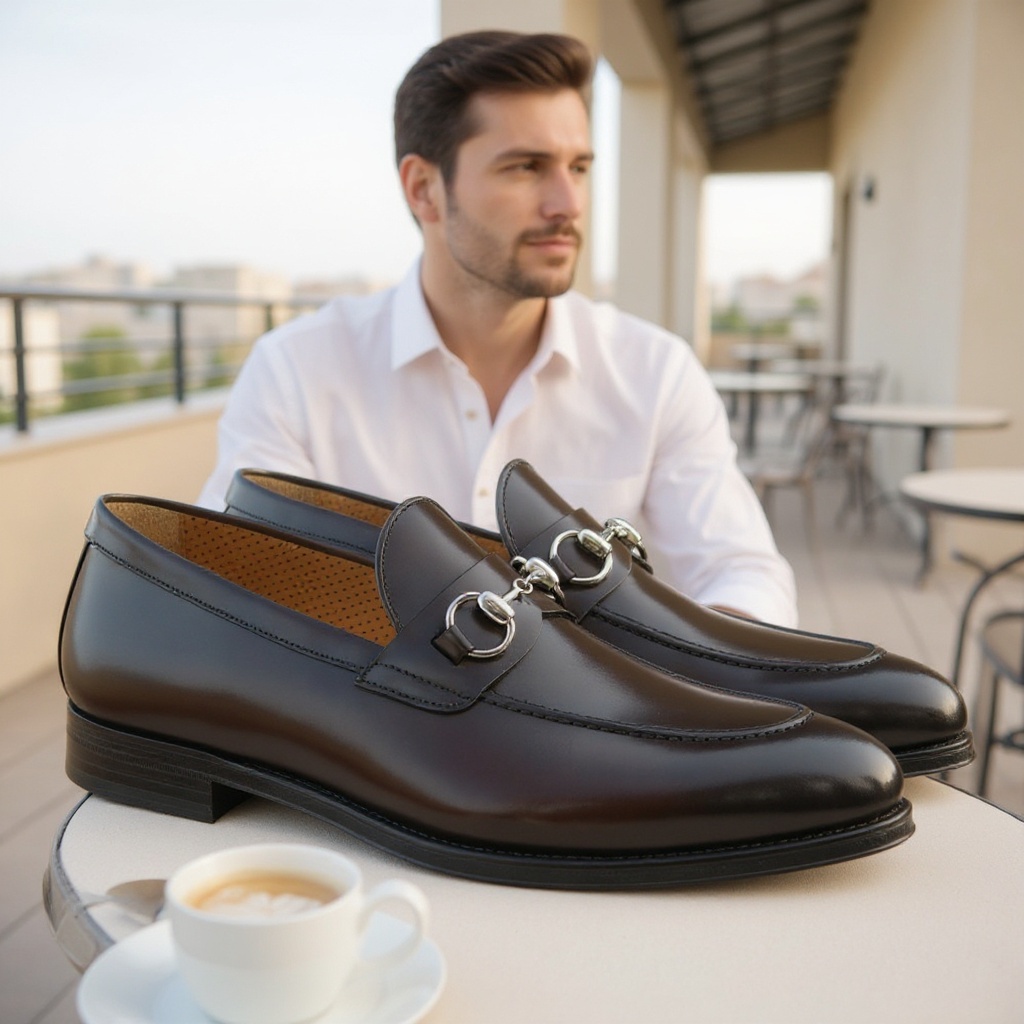 Hombre elegante con mocasines CALCE de cuero color cuero, pantalones chinos claros y camisa de lino, disfrutando de un café en una terraza soleada.