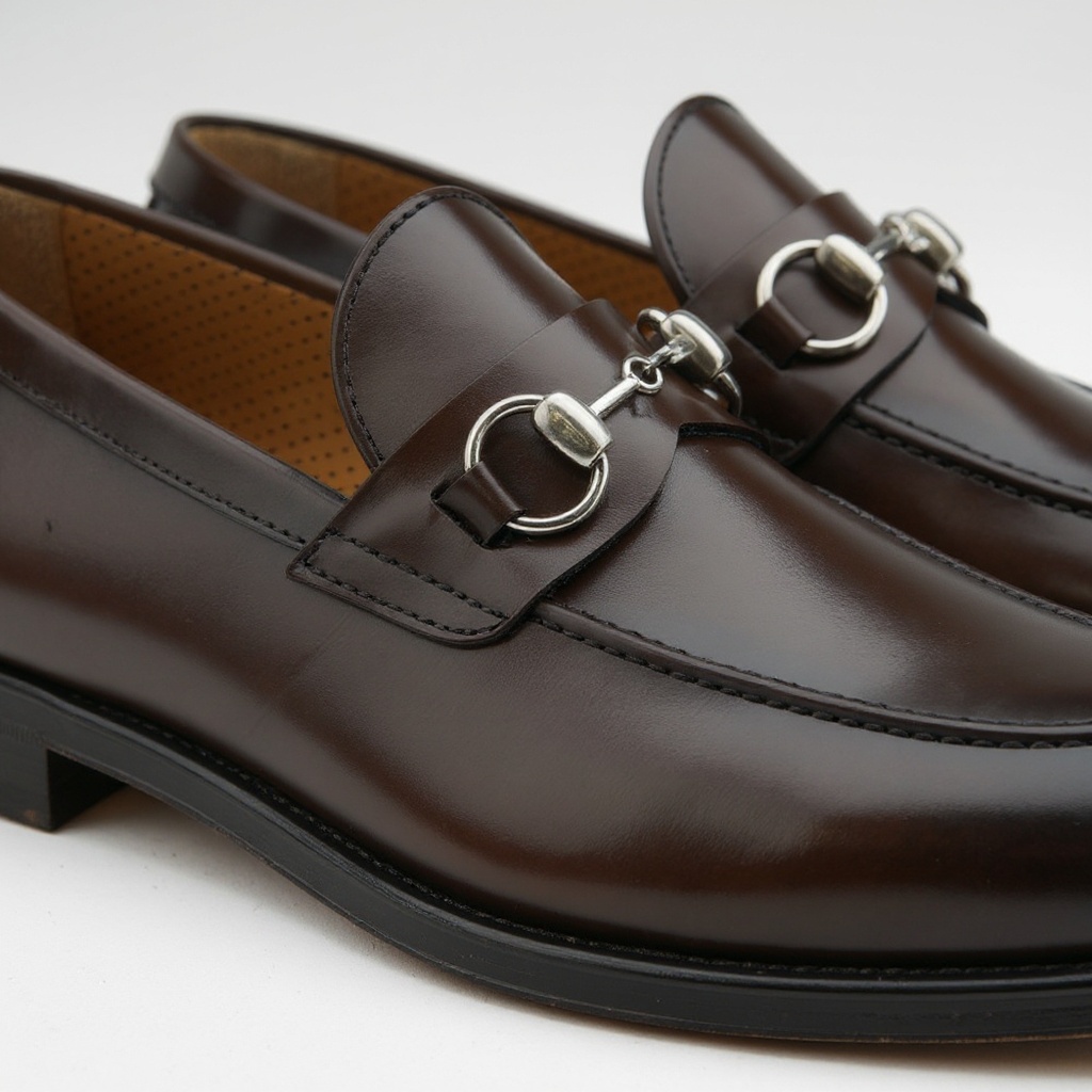 Detalle técnico de los mocasines CALCE de cuero, mostrando la piel de flor, las costuras artesanales y la construcción de la suela de cuero.