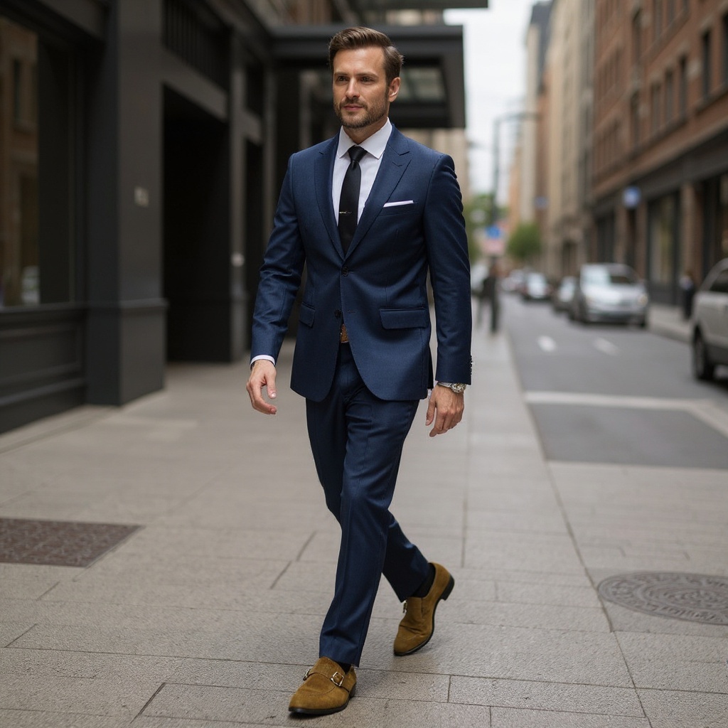 Hombre con zapatos CALCE de doble hebilla coñac, caminando con un traje azul en un entorno urbano elegante.