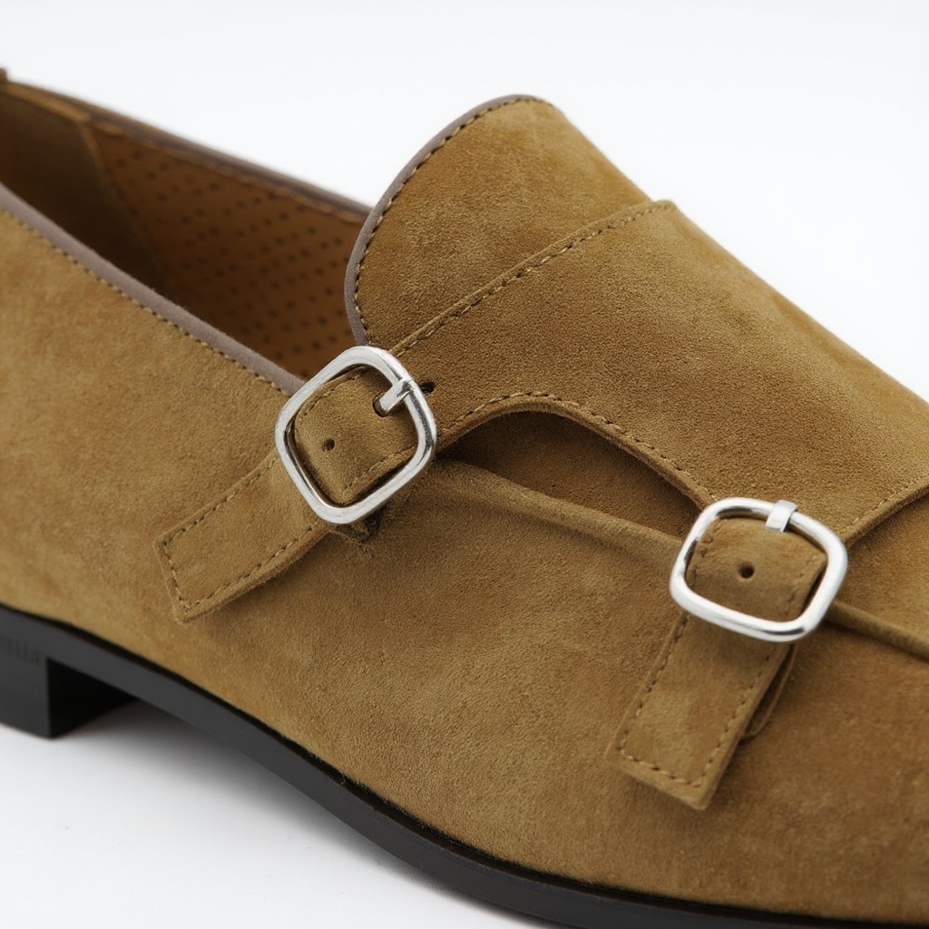 Primer plano de los zapatos CALCE de doble hebilla coñac, mostrando la textura de la piel, las costuras y el brillo de las hebillas.