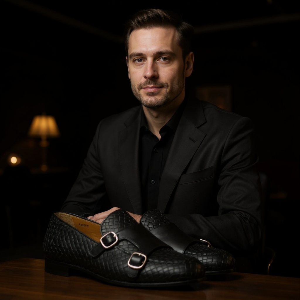 Un hombre elegantemente vestido con traje, luciendo los zapatos CALCE 2 hebillas negro en un ambiente sofisticado.
