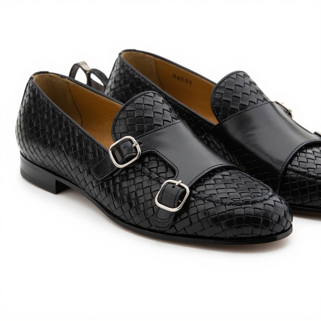 Vista detallada de los zapatos CALCE 2 hebillas negro, mostrando la calidad del cuero, las hebillas y la suela.