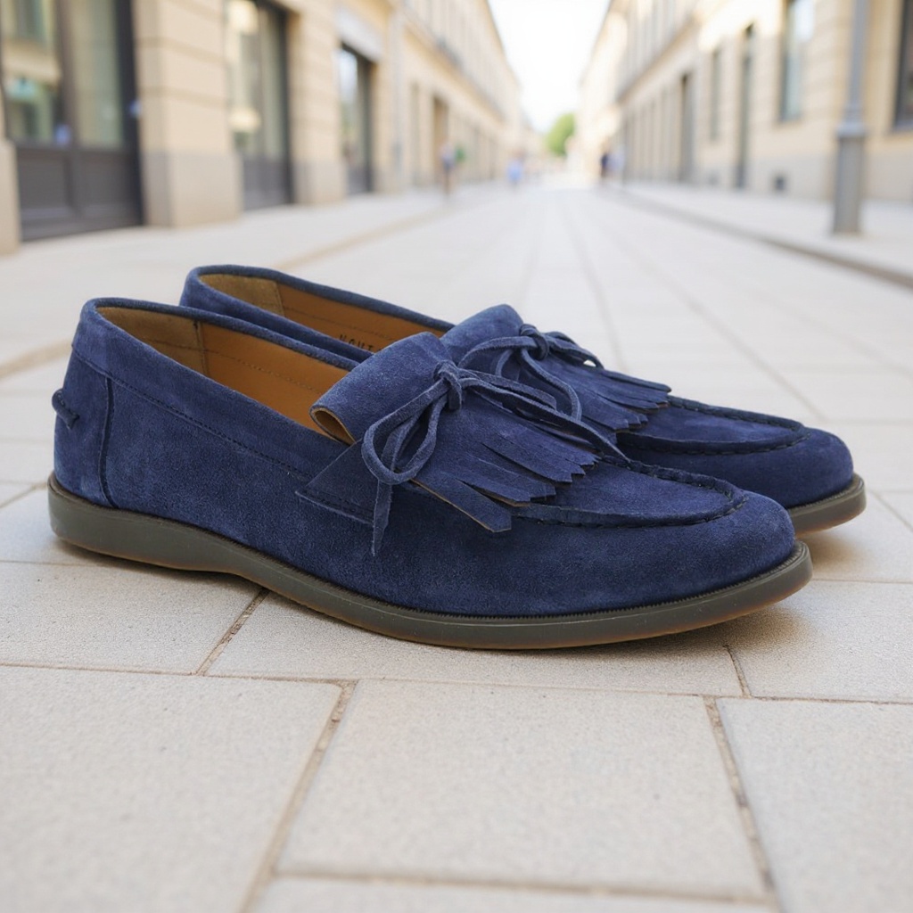 Hombre elegante paseando por la ciudad con mocasines azules CALCE, pantalones de lino y blazer casual.