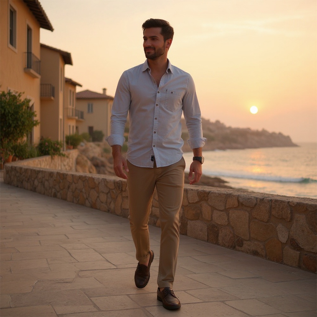 Hombre con pantalones chinos y camisa de lino caminando por un paseo marítimo, luciendo los elegantes CALCE slip-on de cuero.