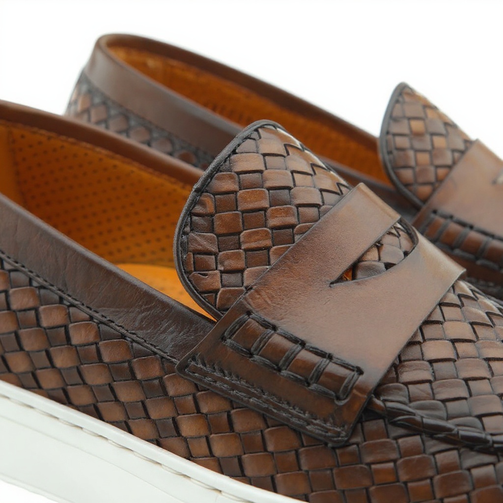 Detalle de cerca de los zapatos CALCE slip-on de cuero, mostrando la textura del cuero BLOK, las costuras precisas y el acabado interior de napa.