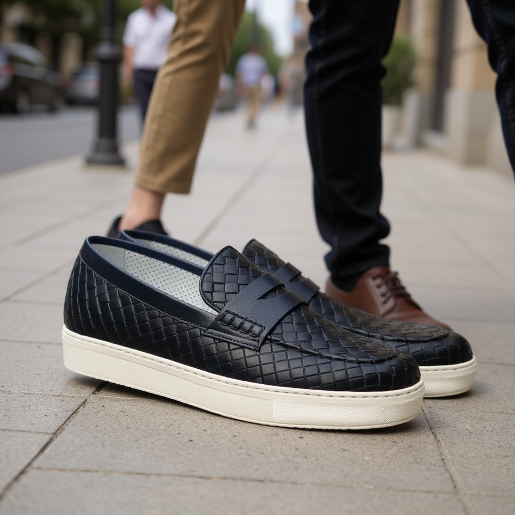 Hombre con CALCE slip-on azul caminando con estilo en un entorno urbano, luciendo un atuendo casual elegante.