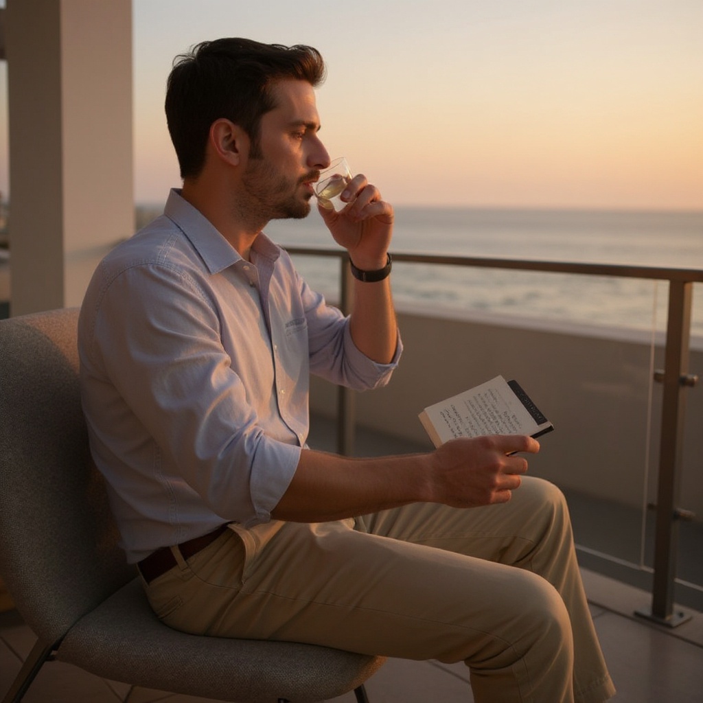 Hombre con mocasines CALCE tabacco en un entorno de lujo relajado, disfrutando de un atardecer mediterráneo.