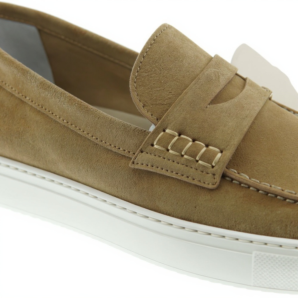 Detalle técnico del mocasín CALCE tabacco, mostrando la calidad de la piel nubuck, las costuras artesanales y la suela BLOK.