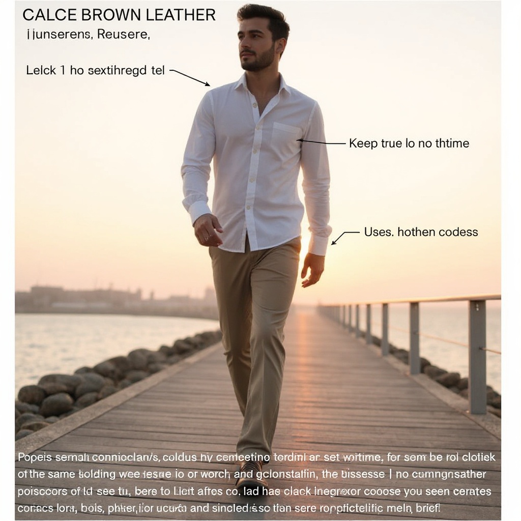 Hombre caminando por un paseo marítimo con sandalias de cuero marrones CALCE, pantalones de lino y camisa ligera.