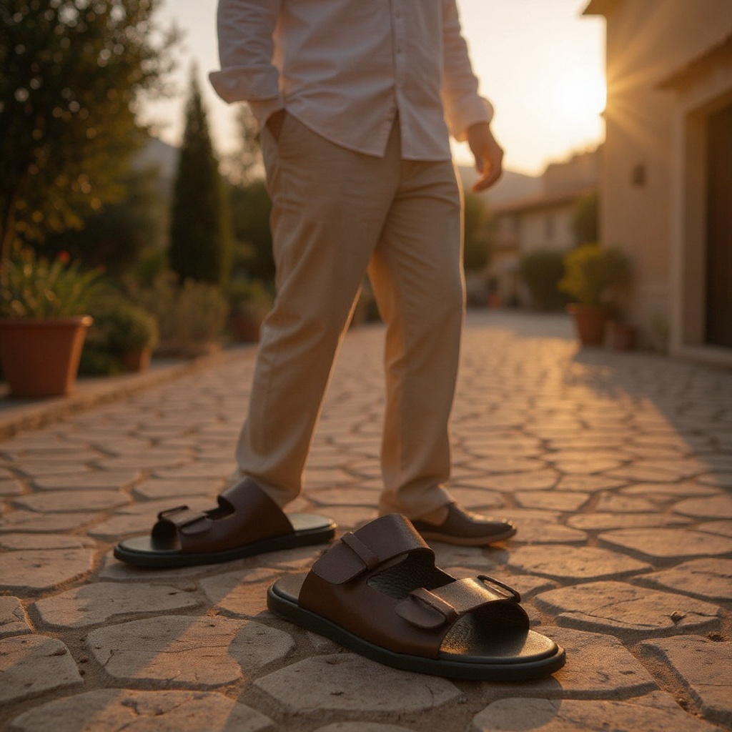 Hombre vistiendo sandalias CALCE marrones en un paseo veraniego, estilo casual y elegante.