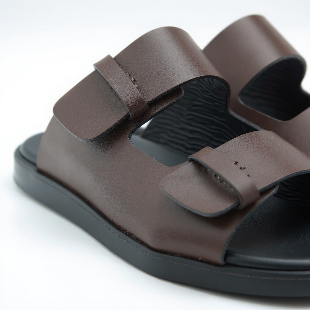 Detalle de la sandalia CALCE marrón, mostrando la calidad de la piel y la construcción de la suela 'BLOK'.