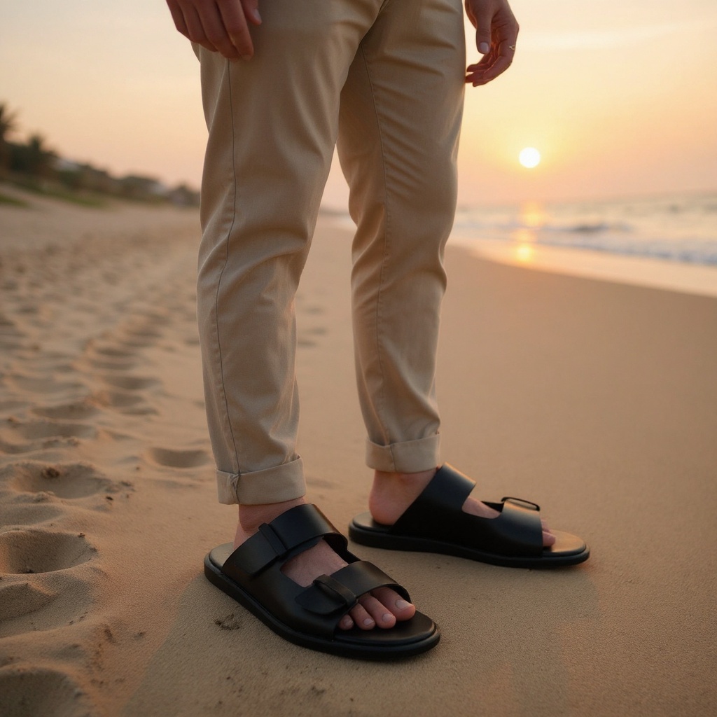 Hombre elegante con sandalias negras CALCE, pantalones de lino y camisa, paseando por la playa al atardecer.