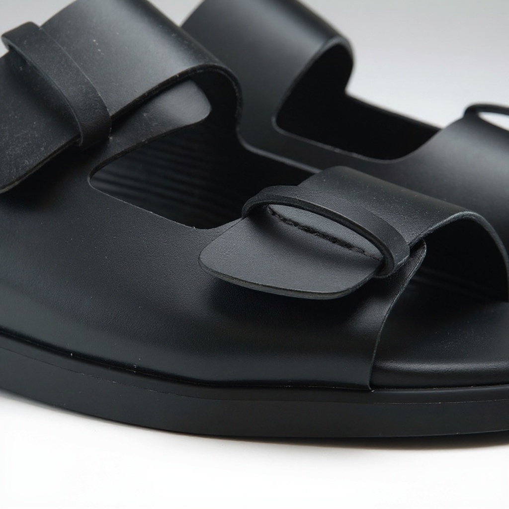 Detalle técnico de la sandalia CALCE negra, mostrando la piel, costuras y suela BLOK.