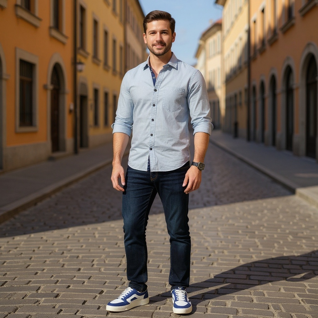 Hombre elegante con zapatillas deportivas VOILE BLANCHE az/bl caminando por una calle adoquinada europea.