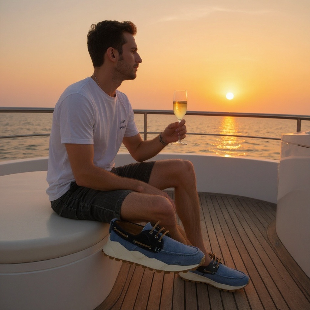 Hombre elegante con náuticos celestes en la cubierta de un yate al atardecer.