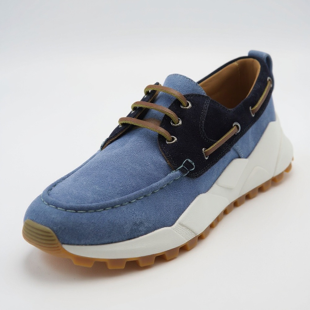 Detalle de los materiales (tejido deportivo, piel, nobuk) y la suela antideslizante del náutico VOILE BLANCHE celeste.