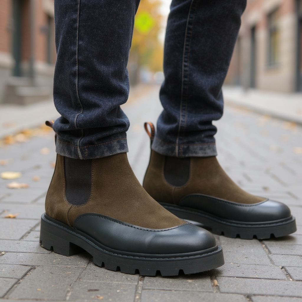 Hombre con botas chelsea CALCE marrones, estilo casual-urbano en la ciudad.