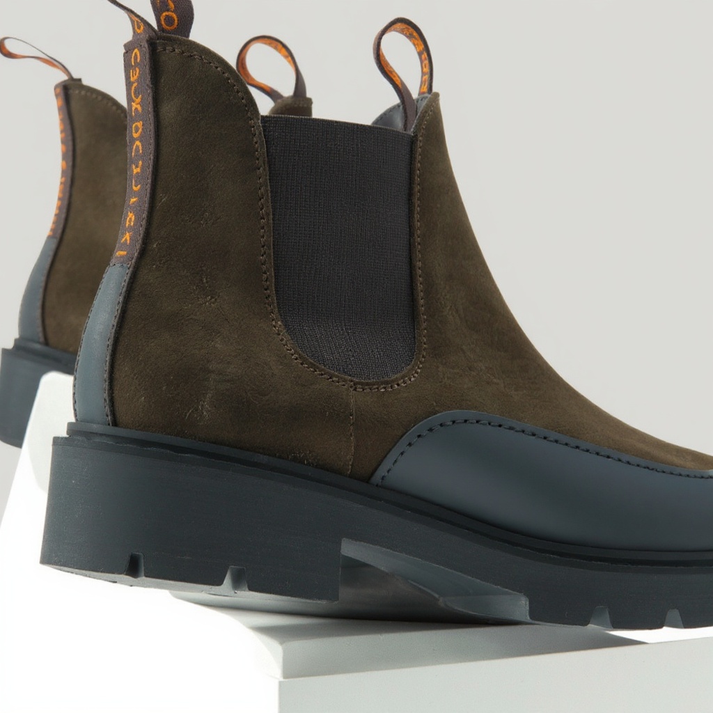 Detalle de materiales de las botas chelsea CALCE marrones: cuero, nubuck y suela BLOK.