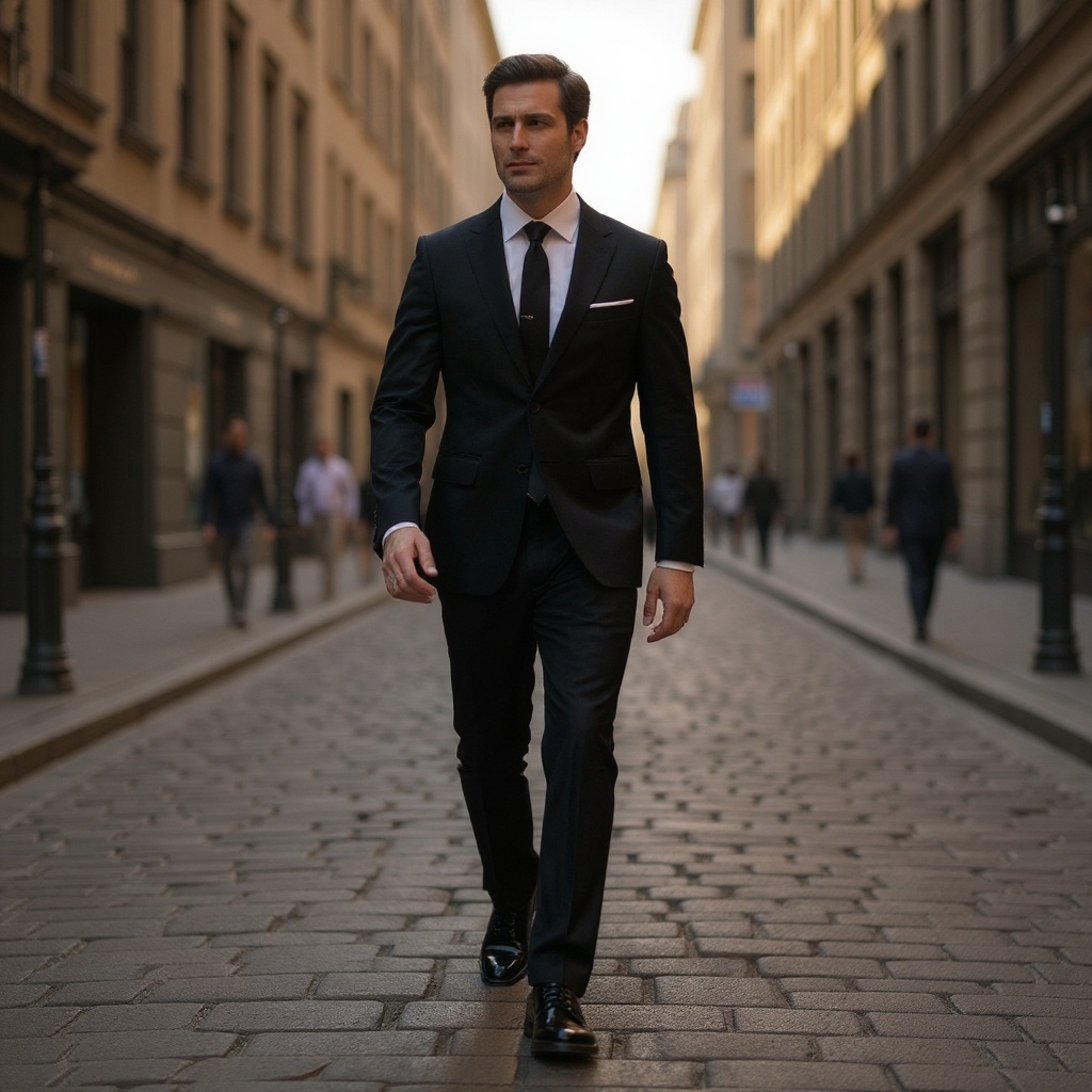 Hombre con traje oscuro y zapatos blucher negros CALCE caminando con elegancia por una calle urbana.