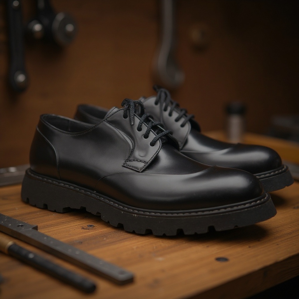 Primer plano del zapato blucher negro CALCE, mostrando la calidad de la piel, las costuras y la suela robusta.