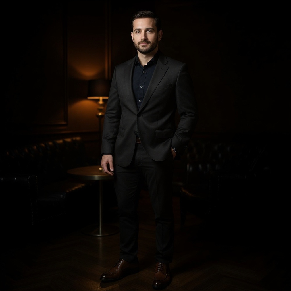 Hombre elegante con zapatos CALCE de doble hebilla en cuero, combinados con un atuendo sofisticado en un ambiente urbano.