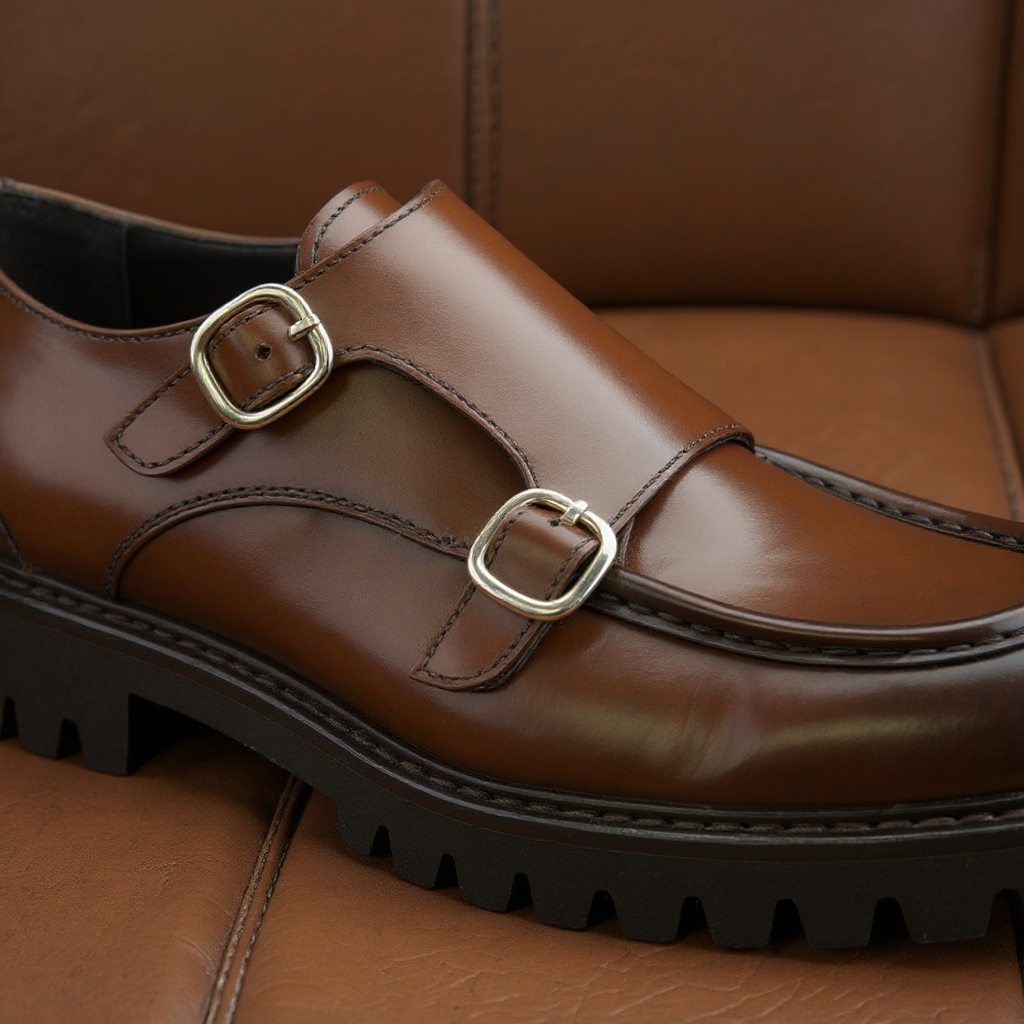 Primer plano de los zapatos CALCE doble hebilla cuero, mostrando la calidad de la piel, las costuras y los detalles de las hebillas.