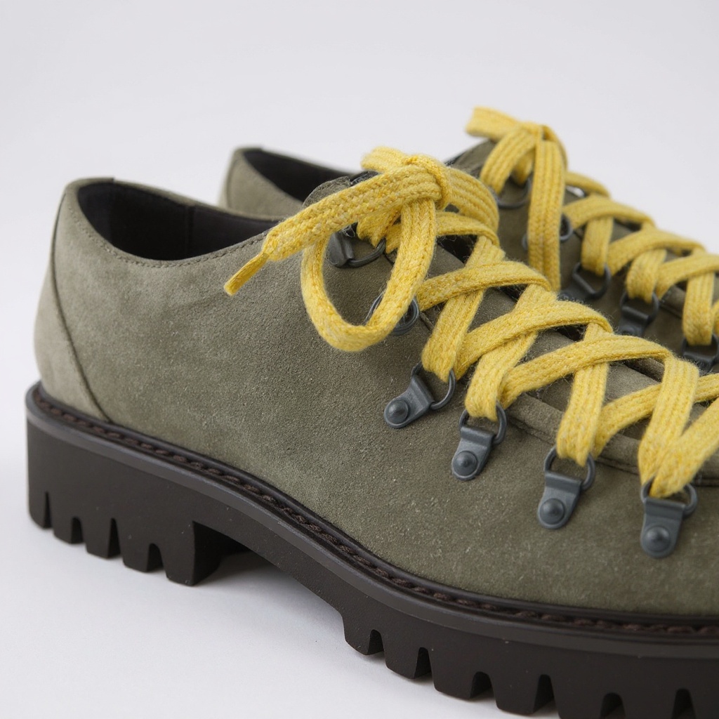 Primer plano de los zapatos blucher CALCE taupe, destacando la textura del nobuck y la calidad de las costuras.