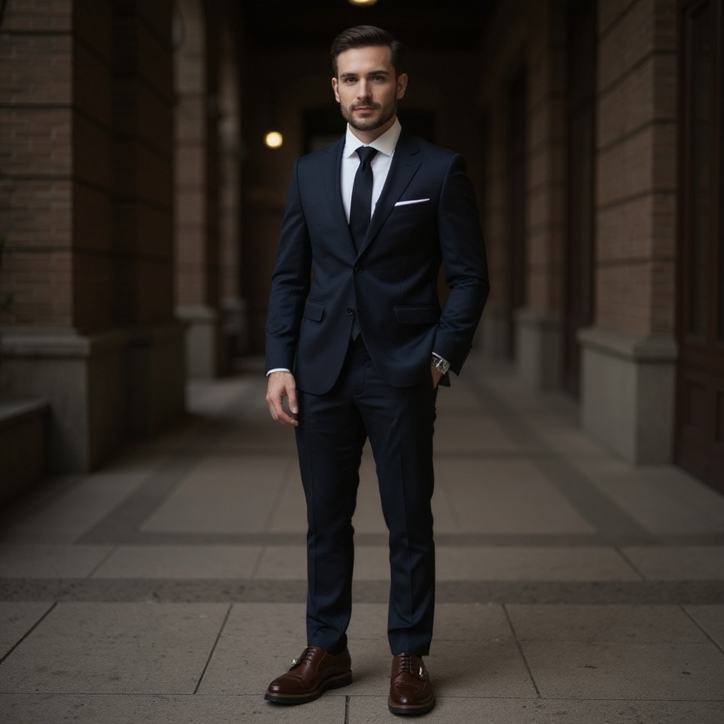 Zapatos CALCE 2 hebillas cuero en un hombre elegante con traje azul marino en un entorno urbano.