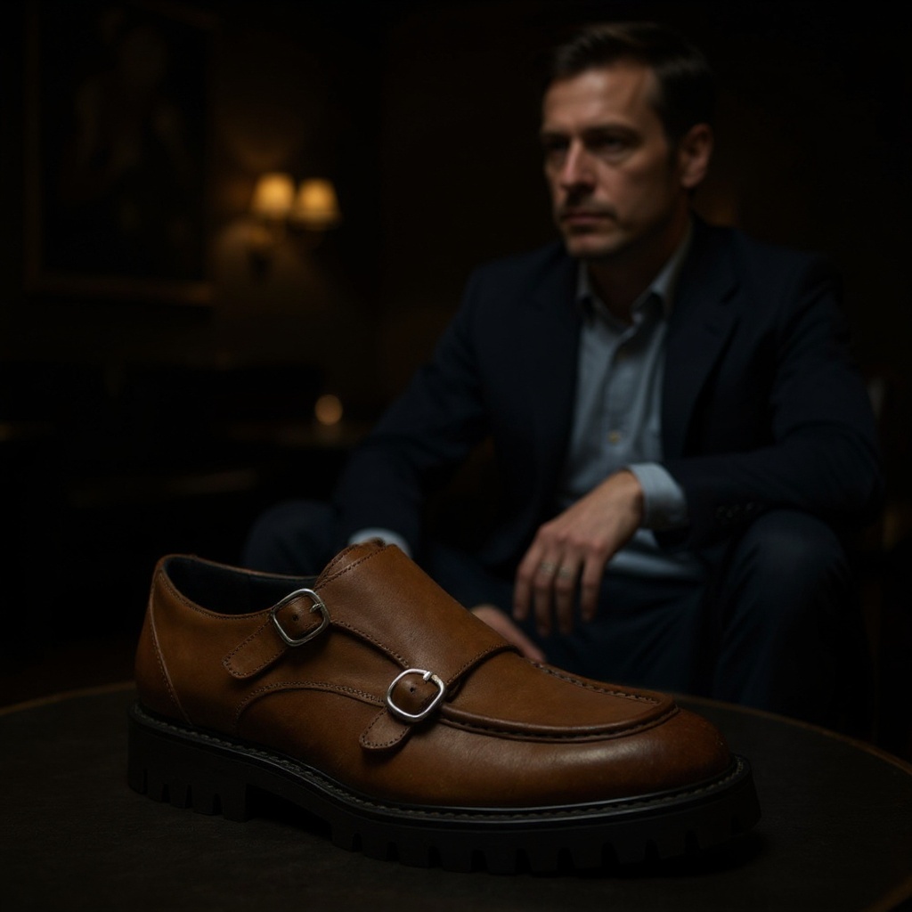 Hombre elegante luciendo zapatos CALCE doble hebilla de cuero en un ambiente sofisticado, combinando con pantalones azules.