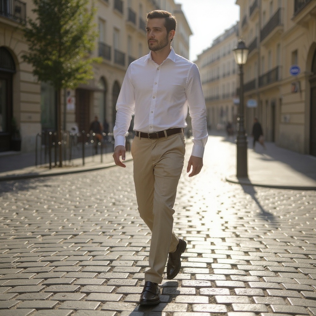 Hombre con mocasines burdeos CALCE caminando por una calle adoquinada, vestido con chinos de lino y camisa. Elegancia urbana.