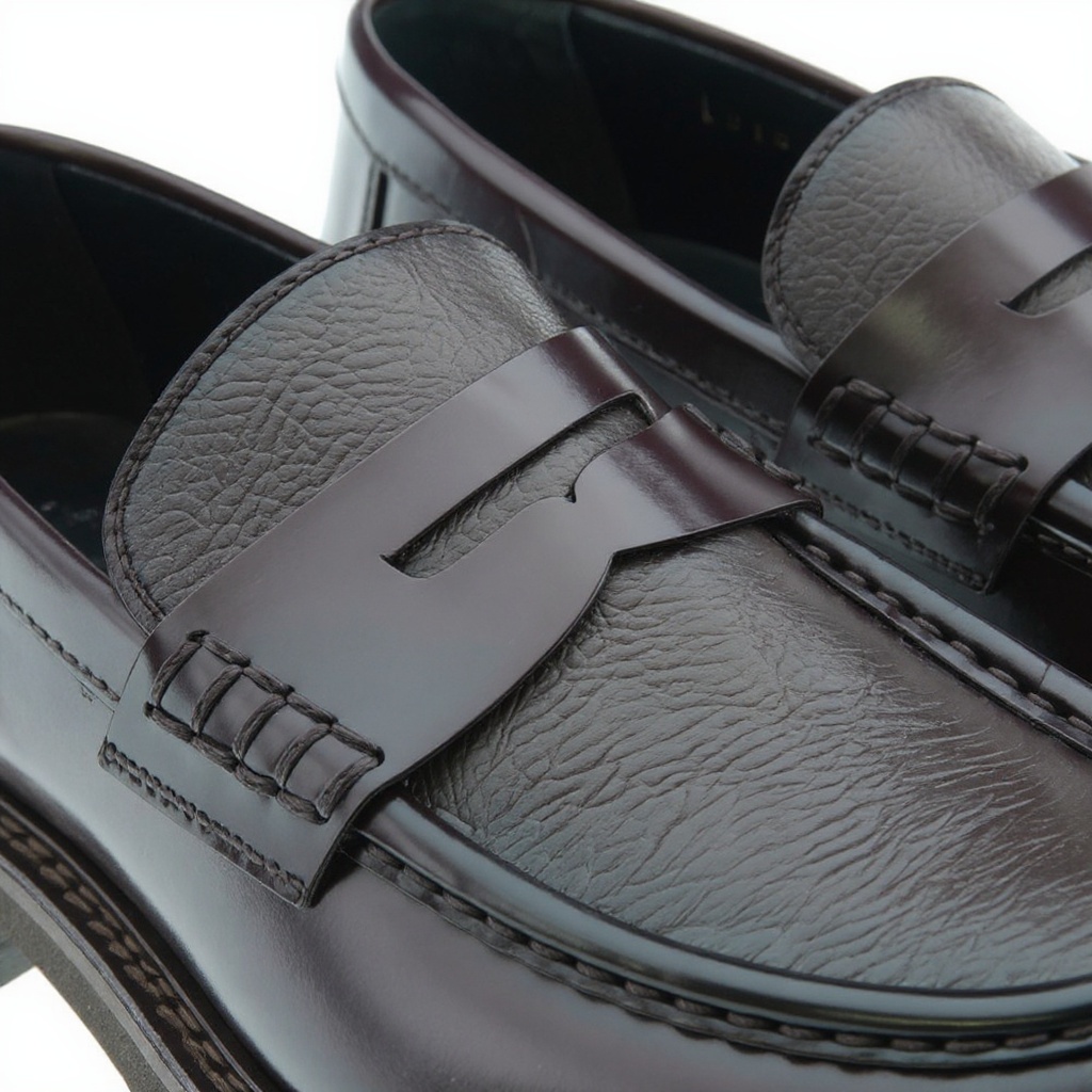 Detalle de los mocasines CALCE burdeos, mostrando la textura de la piel napa y montaña, y las costuras de alta calidad.