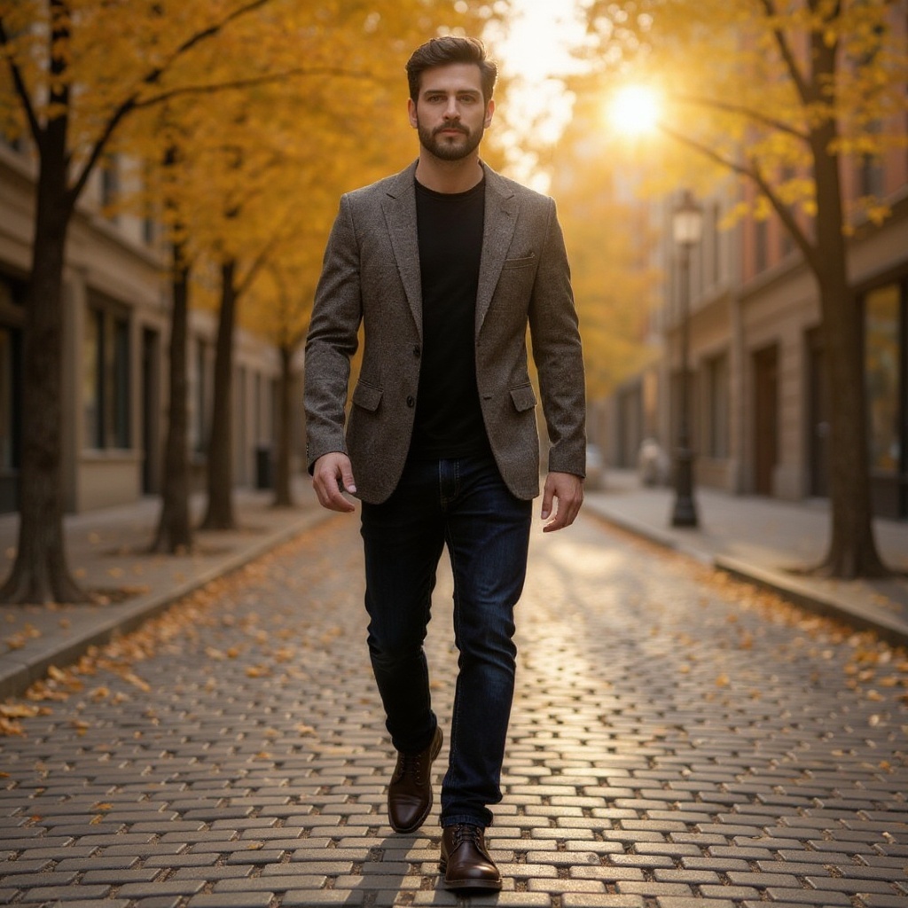 Hombre con botas CALCE marrones caminando por una calle adoquinada en otoño, luciendo un estilo elegante y casual.
