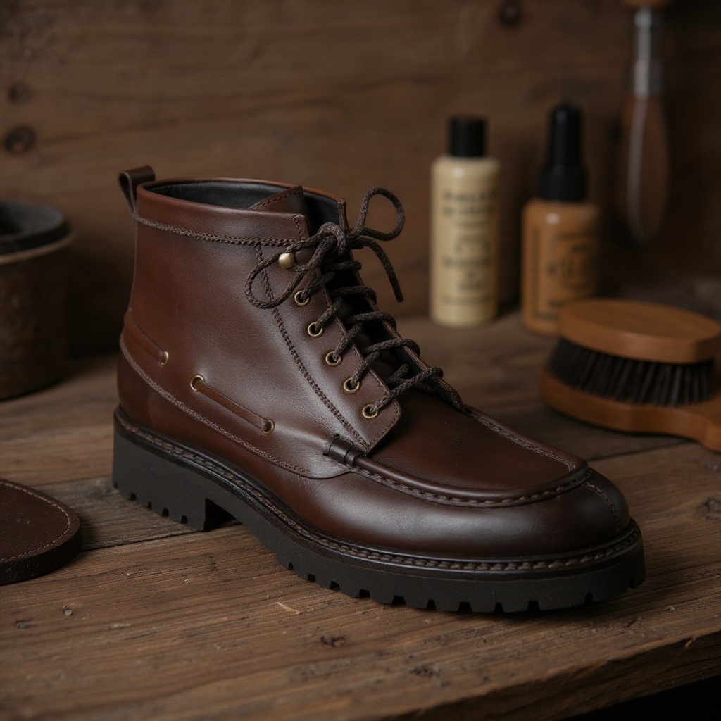 Primer plano de una bota CALCE marrón en un banco de trabajo, mostrando la textura de la piel de montaña, el cosido y la suela.