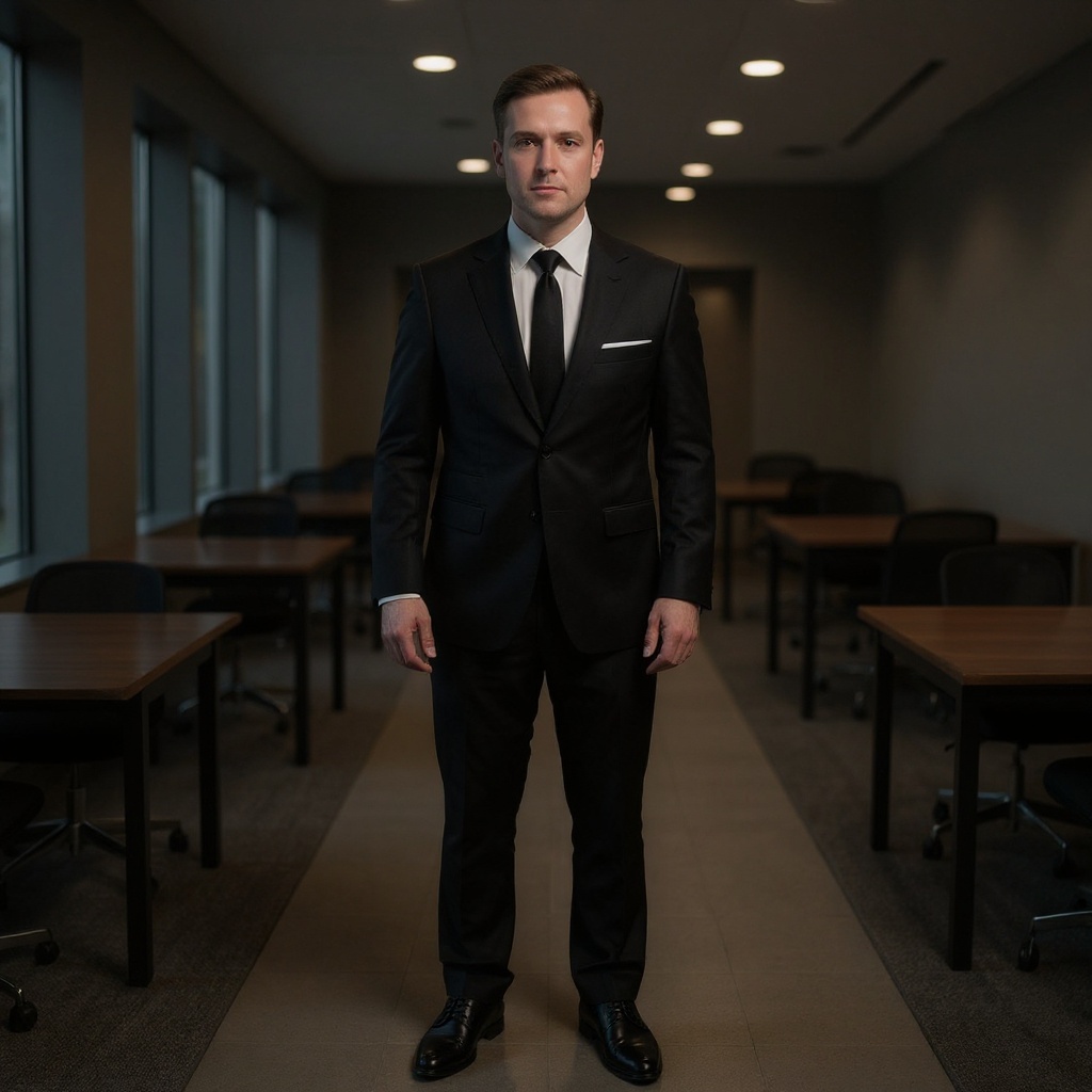 Hombre elegante con traje oscuro y zapatos CALCE blucher negros en un entorno de oficina moderno.