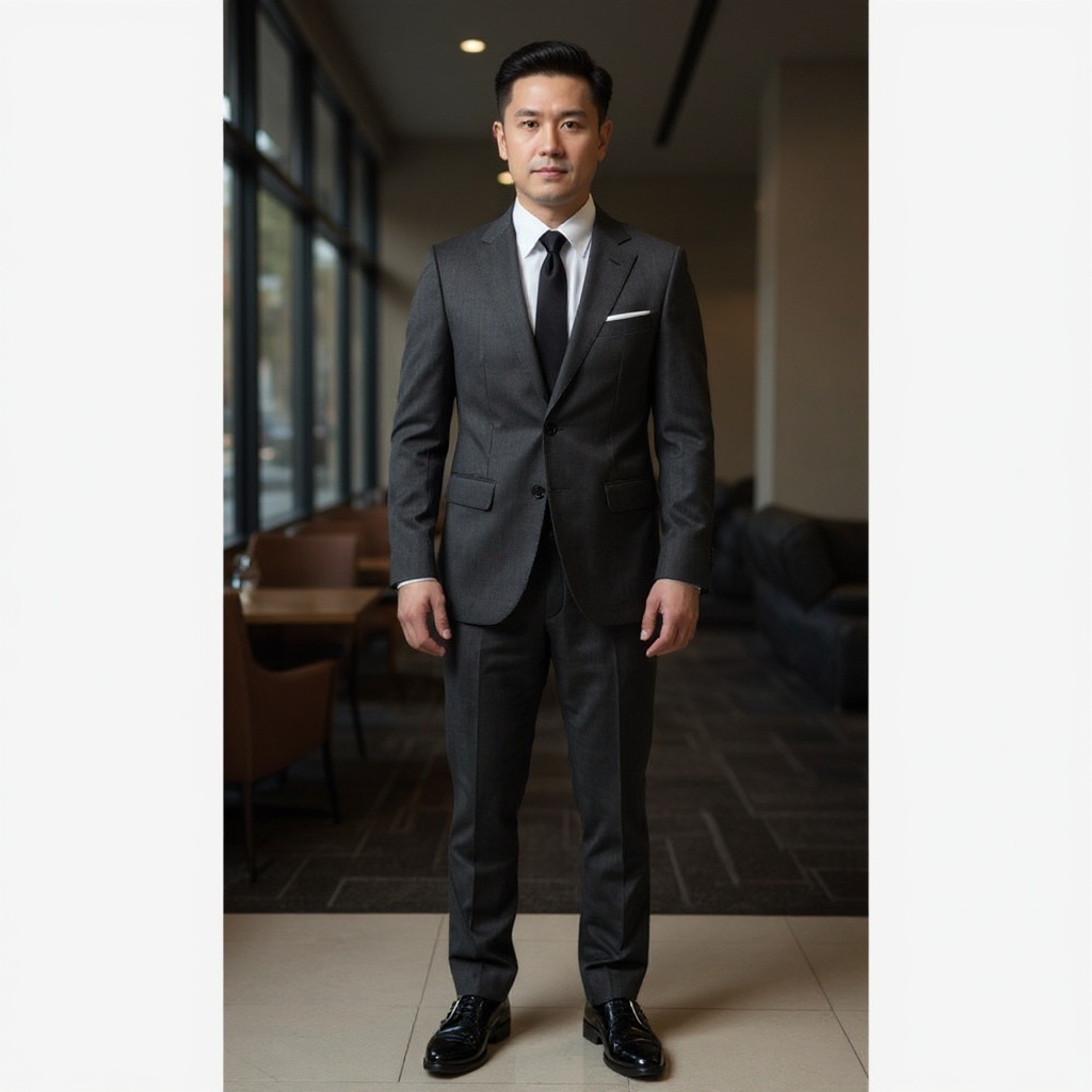 Hombre con zapatos CALCE de doble hebilla negros y traje de sastre en un entorno urbano elegante.