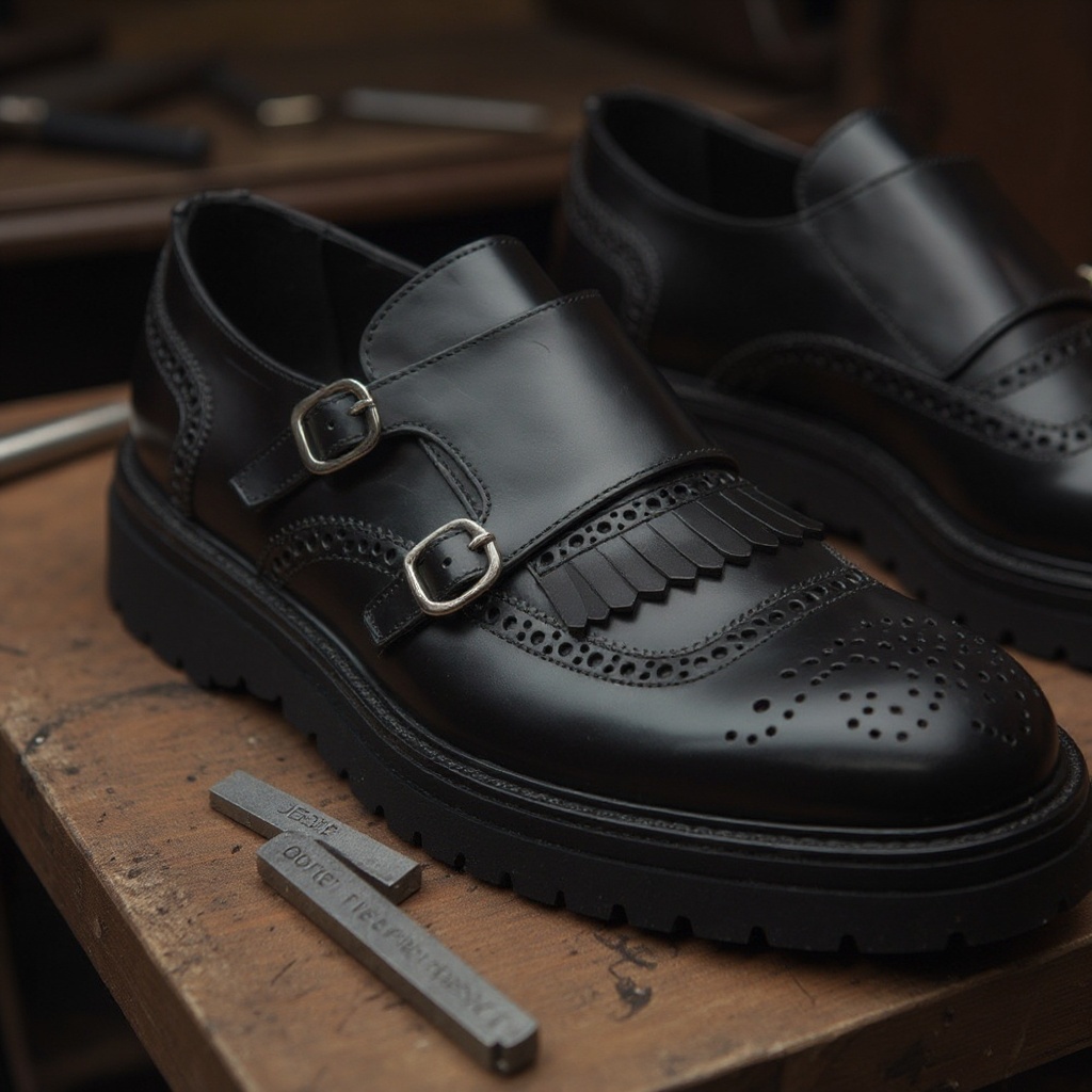 Detalle de los zapatos CALCE de doble hebilla negros, mostrando la textura de la piel y la construcción artesanal.