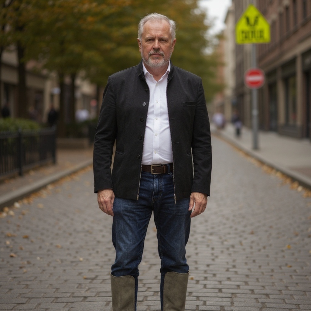 Hombre moderno caminando por la ciudad con botines taupe CALCE, combinados con jeans y blazer.